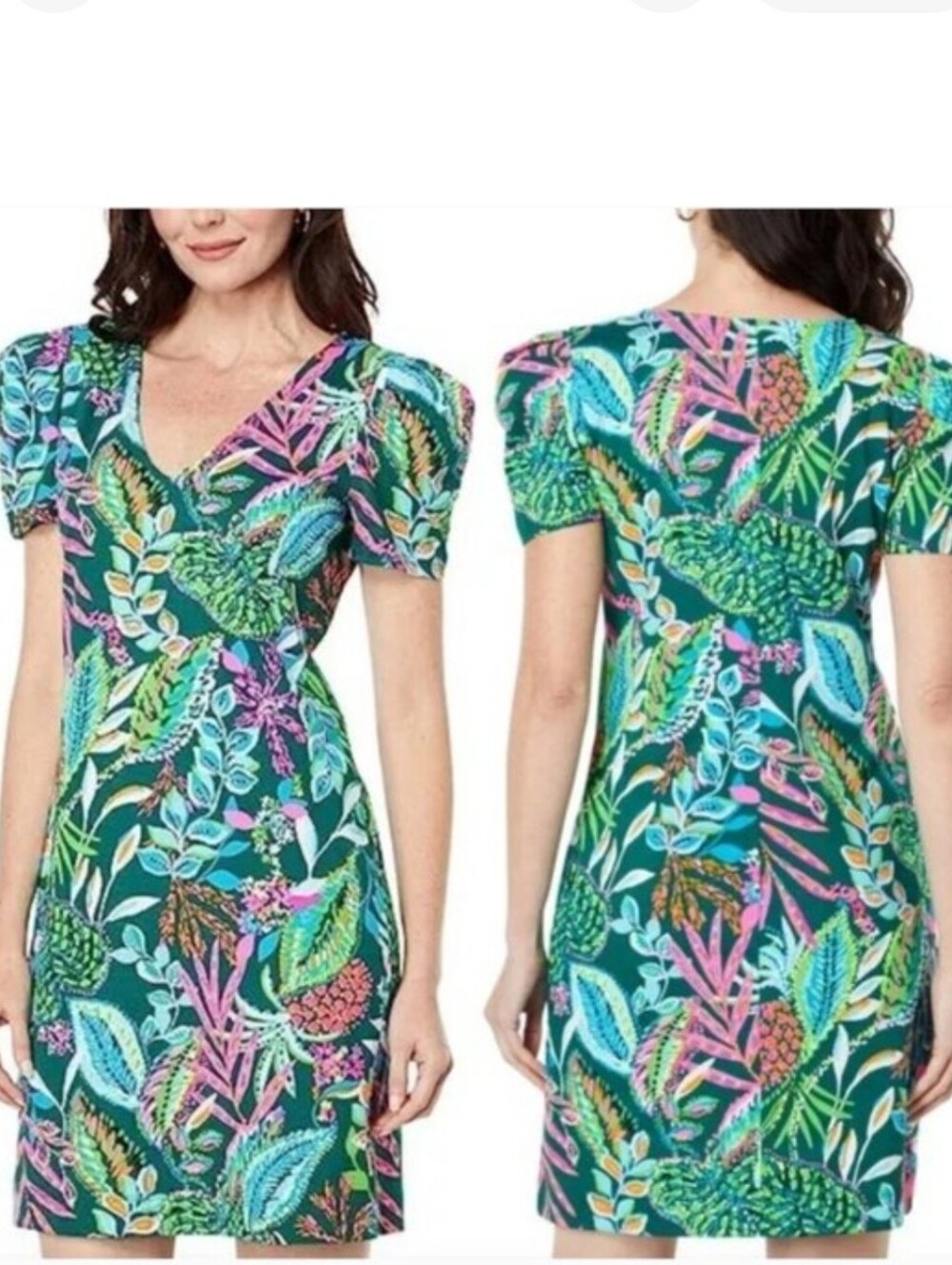 Lilly Pulitzer Sunshinw Jungle  Tropical Leaf Print V-Neck Dress.